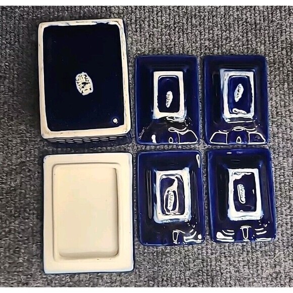 Ceramic Individual 4-Ashtray Box w/Lid Cobalt Blue Japan Antique - Picture 8 of 11